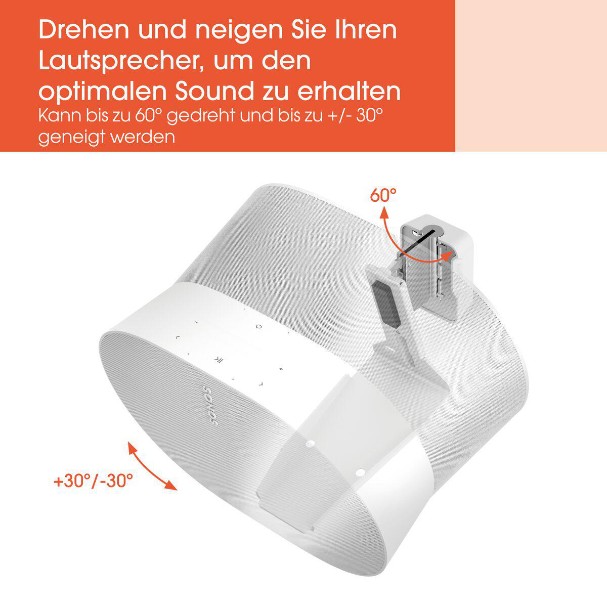 Ein weißer Lautsprecher an der Wand mit 60 Grad Drehung und plus minus 30 Grad Neigungsoptionen.