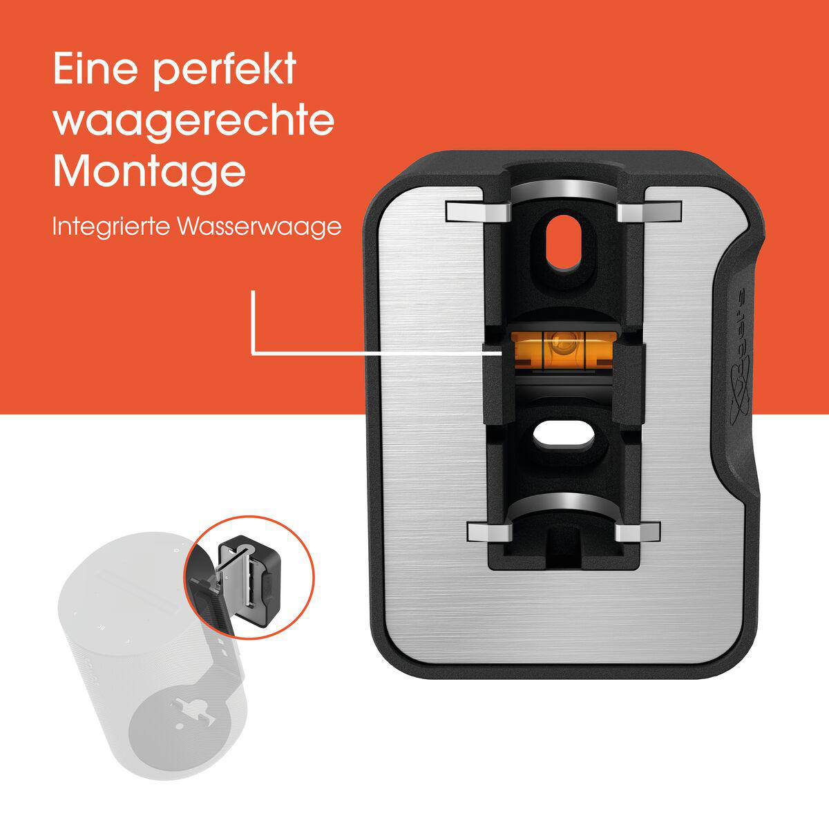 Wandhalterung mit integrierter Wasserwaage auf rotem Grund.