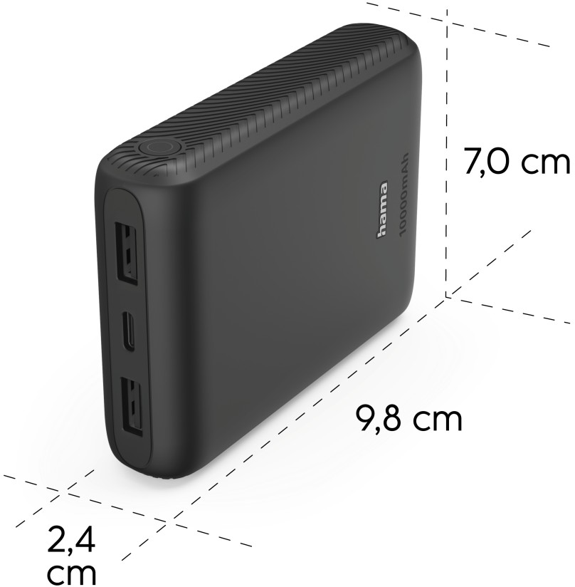 Fekete Hama power bank 10000mAh 9.8 x 7.0 x 2.4 cm méretekkel.