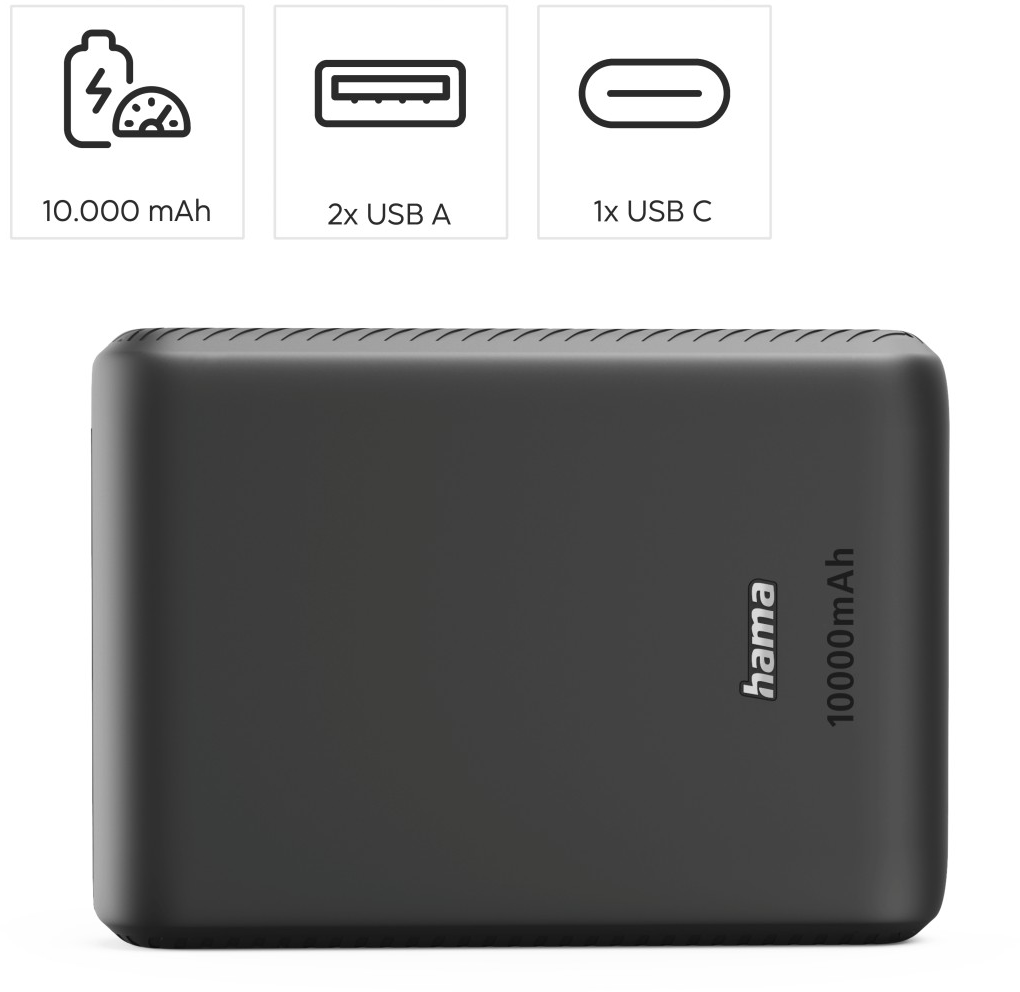 Fekete Hama power bank 10 000 mAh-ral, két USB-A és egy USB-C porttal.