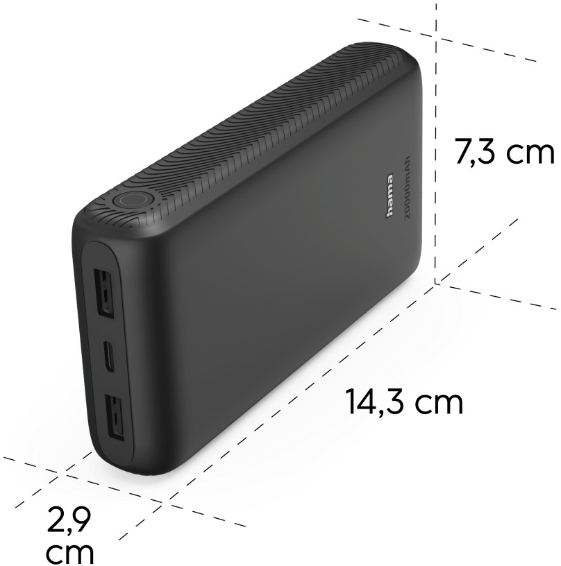 Fekete powerbank, méretei: 14,3 cm hosszú, 7,3 cm magas és 2,9 cm széles.