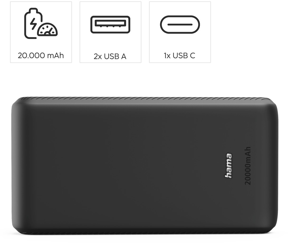 Egy fekete Hama külső akkumulátor 20000mAh kapacitással, két USB-A és egy USB-C porttal, ikonokkal.