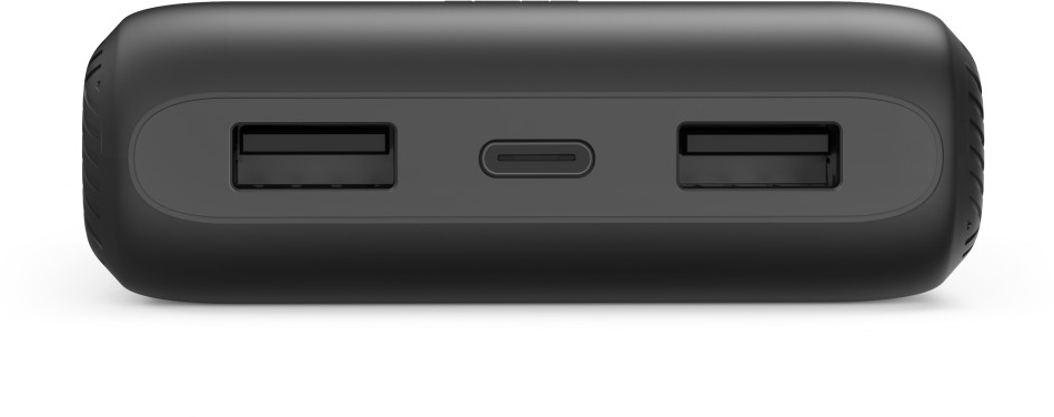 Fekete külső akkumulátor két USB-A porttal és egy középső USB-C porttal.