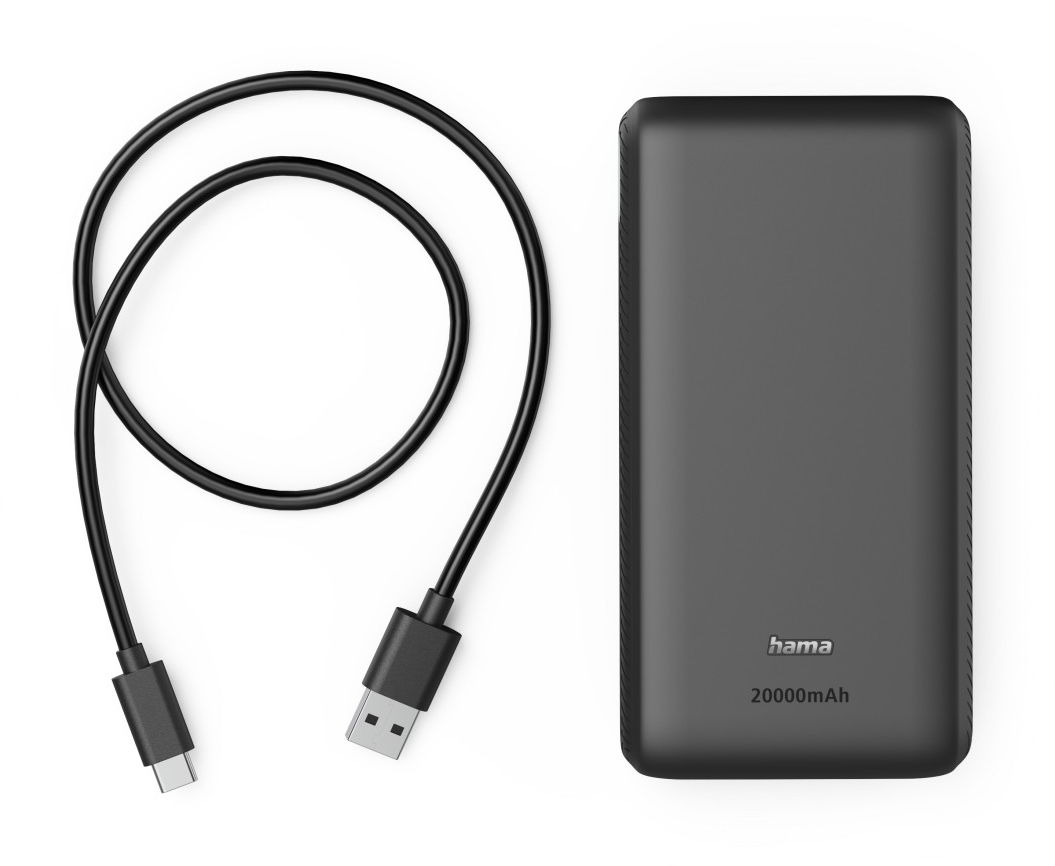 Egy fekete Hama 20000mAh külső akkumulátor és egy hozzá illő fekete USB-kábel fehér háttéren.