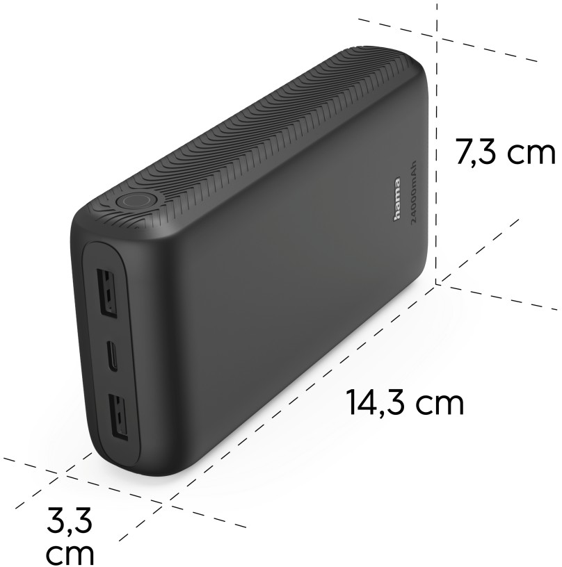 Fekete power bank 14,3 x 7,3 x 3,3 cm méretekkel fehér háttér előtt.