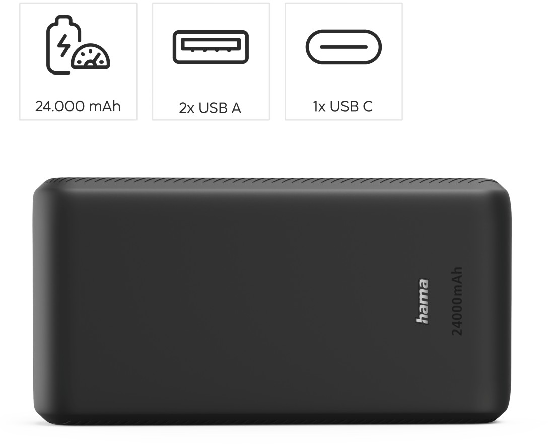 Fekete Hama power bank 24000 mAh, 2 USB-A és 1 USB-C porttal.