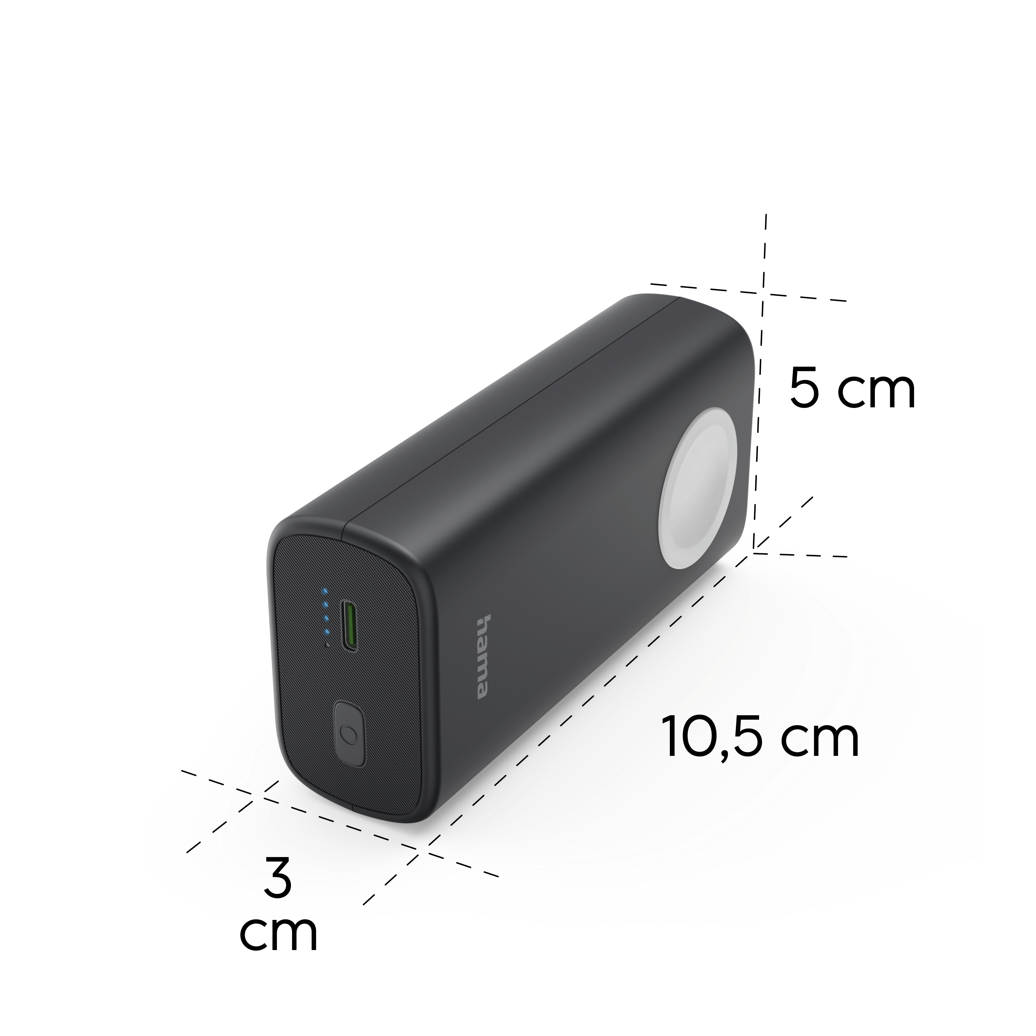Fekete powerbank 10,5 x 5 x 3 cm-es méretekkel fehér háttéren.