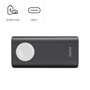 Fekete Hama power bank fehér töltőfelülettel, 10 000 mAh és USB-C ikonokkal fent.