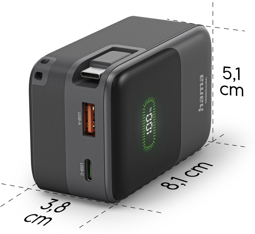 Szürke Hama power bank 8,1 x 5,1 x 3,8 cm mérettel, USB-portokkal és digitális kijelzővel.