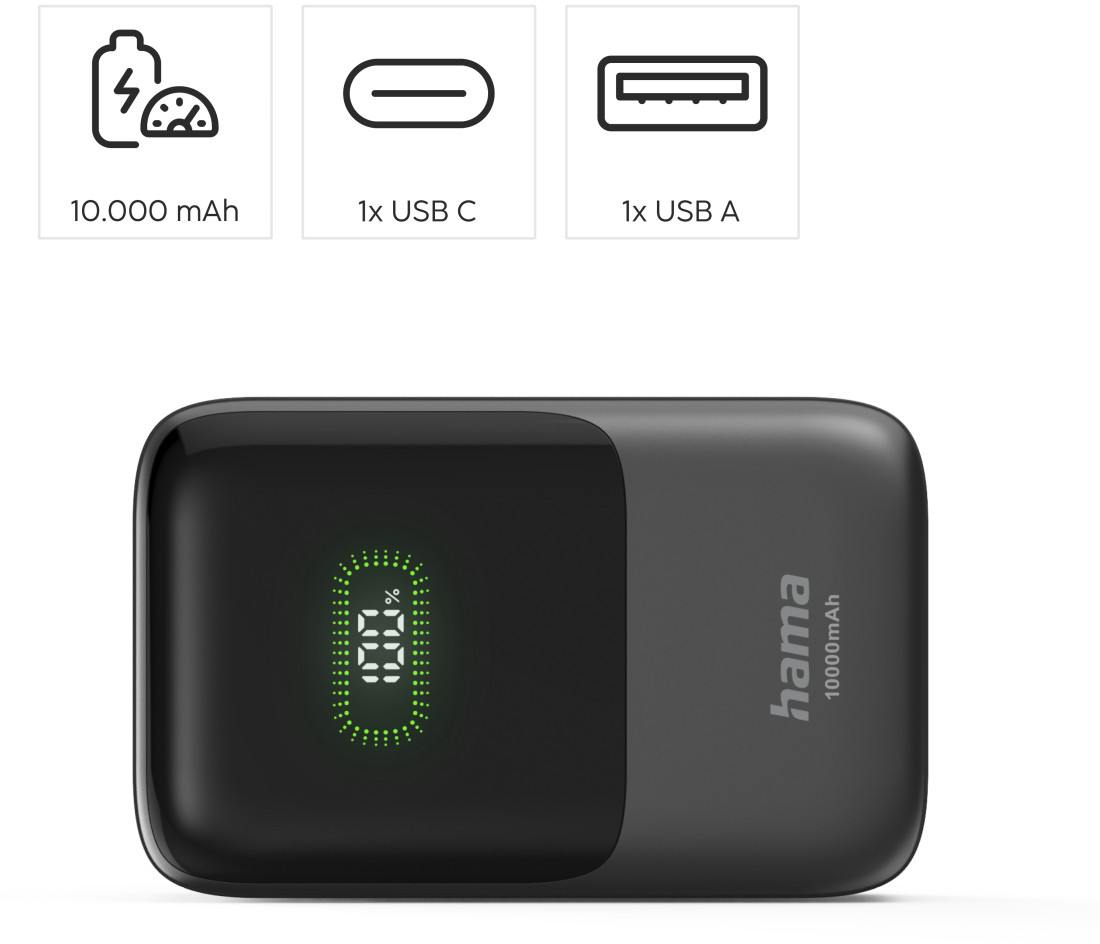 Fekete Hama power bank 10 000 mAh-ral, zöld kijelzővel, egy USB-C és egy USB-A porttal.