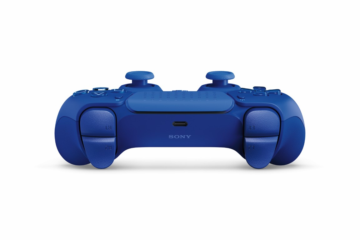 Niebieski kontroler PlayStation na białym tle, pokazujący przód z analogami i przyciskami.