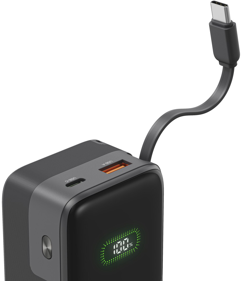 Fekete külső akkumulátor beépített USB-C kábellel és digitális százalékos kijelzővel.