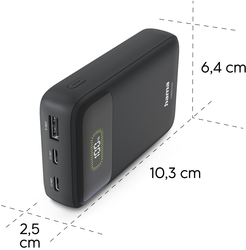 Fekete power bank digitális kijelzővel és három porttal, mérete 10,3 x 6,4 x 2,5 cm.