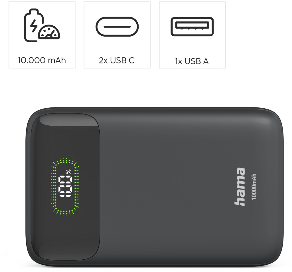 Fekete Hama power bank 10 000 mAh-ral, digitális LED kijelzővel, USB-C és USB-A portokkal.