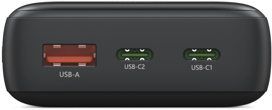Fekete eszköz három porttal: egy piros USB-A és két zöld USB-C csatlakozóval.