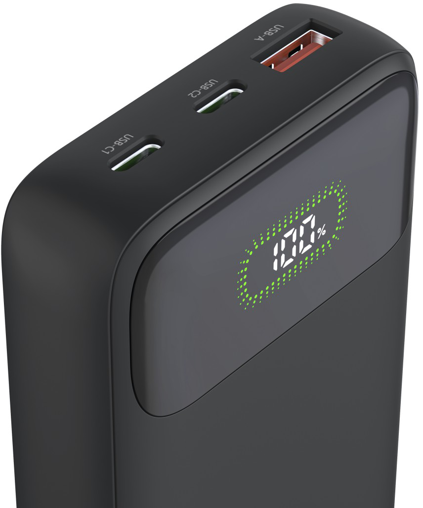 Fekete külső akkumulátor két USB-C porttal, egy USB-A porttal és 100%-ot mutató digitális LED-kijelzővel.