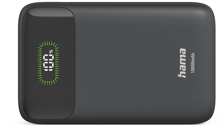 Fekete Hama power bank 10000mAh kapacitással és digitális százalékjelzővel.