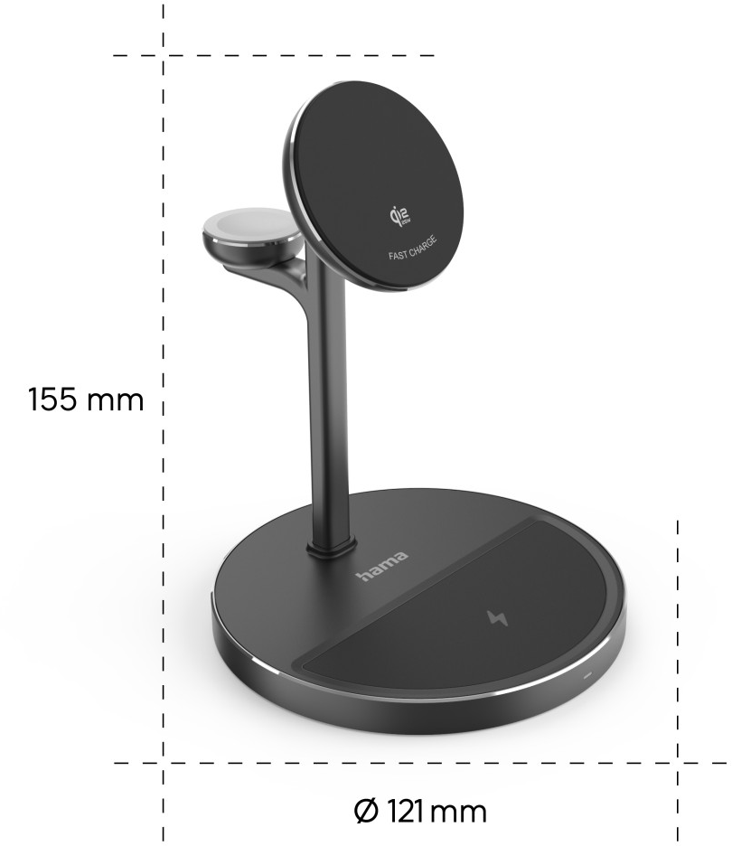 Egy fekete, több eszköz töltésére alkalmas vezeték nélküli állvány, 155 mm magassággal és 121 mm átmérővel.