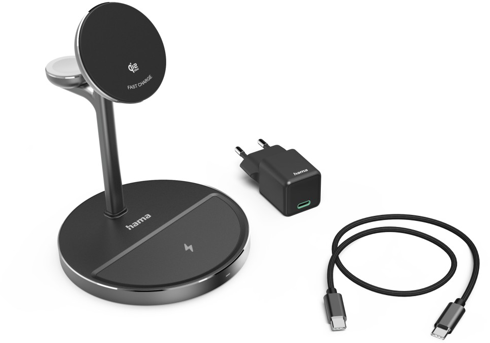 Fekete, több eszközös vezeték nélküli töltőállvány fali adapterrel és USB-C kábellel fehér háttérben.