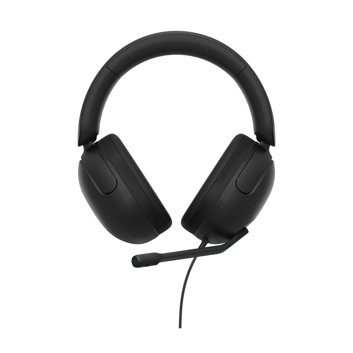 Cuffie over-ear nere con asta del microfono e cavo su sfondo bianco.
