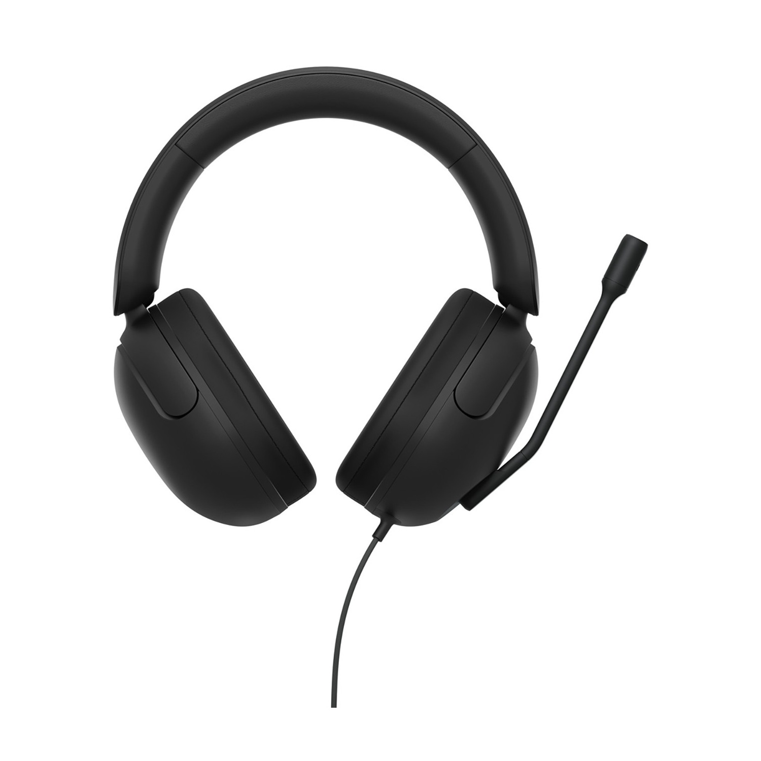Un paio di cuffie over-ear nere con cavo e microfono integrato su sfondo bianco.