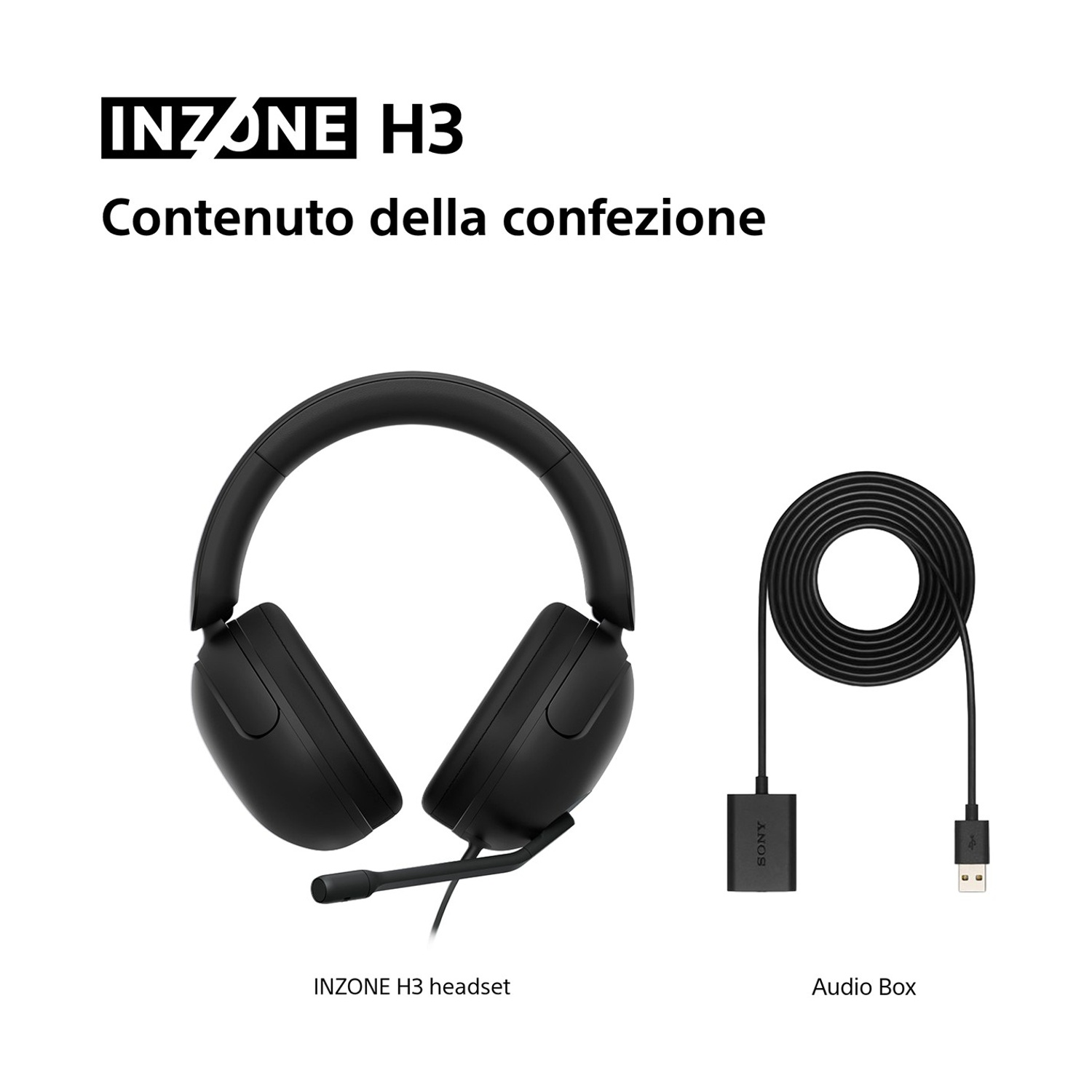Cuffie INZONE H3 e box audio su sfondo bianco.