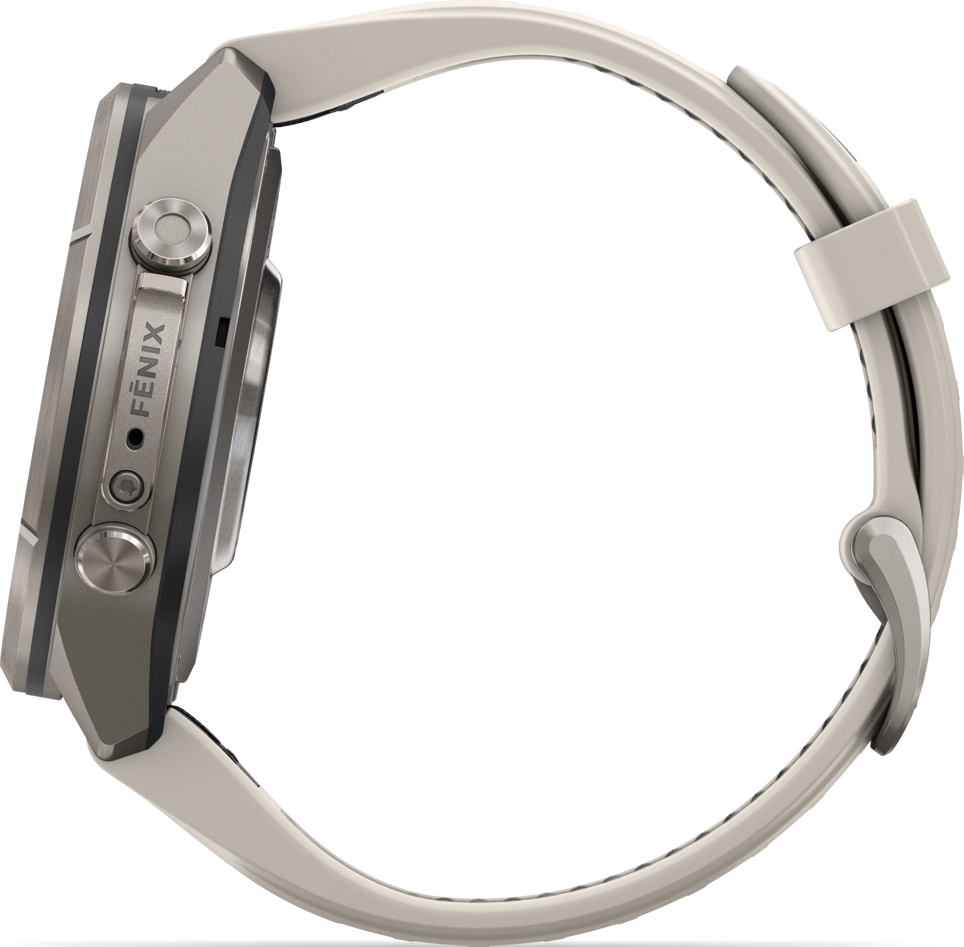 Seitenansicht einer grauen Smartwatch mit weißem Silikonarmband vor schwarzem Hintergrund.