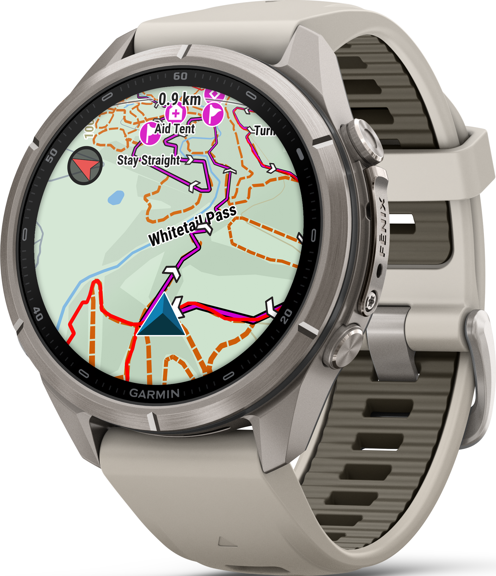 Eine Smartwatch mit silbernem Gehäuse und hellem Armband zeigt eine farbige topografische Wanderkarte auf dem Display.