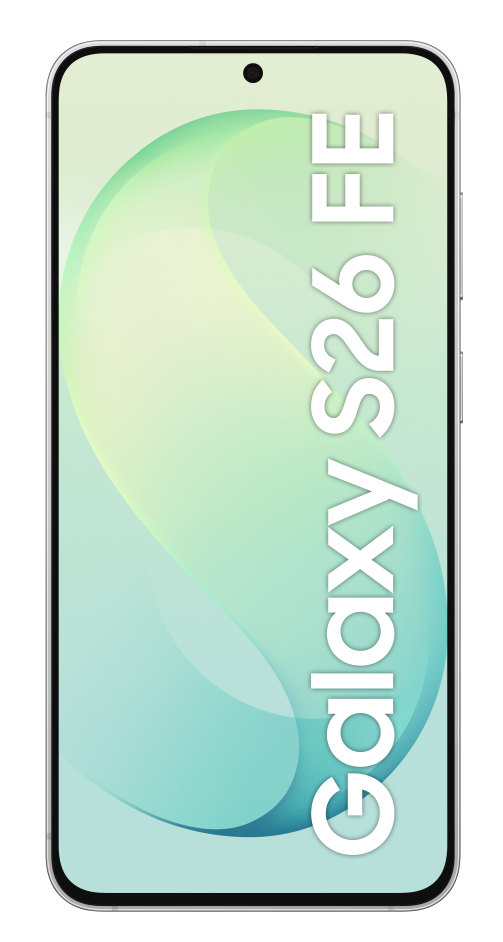 Smartfon z jasnozielonym i niebieskim tłem oraz białym tekstem Galaxy S26 FE na ekranie.