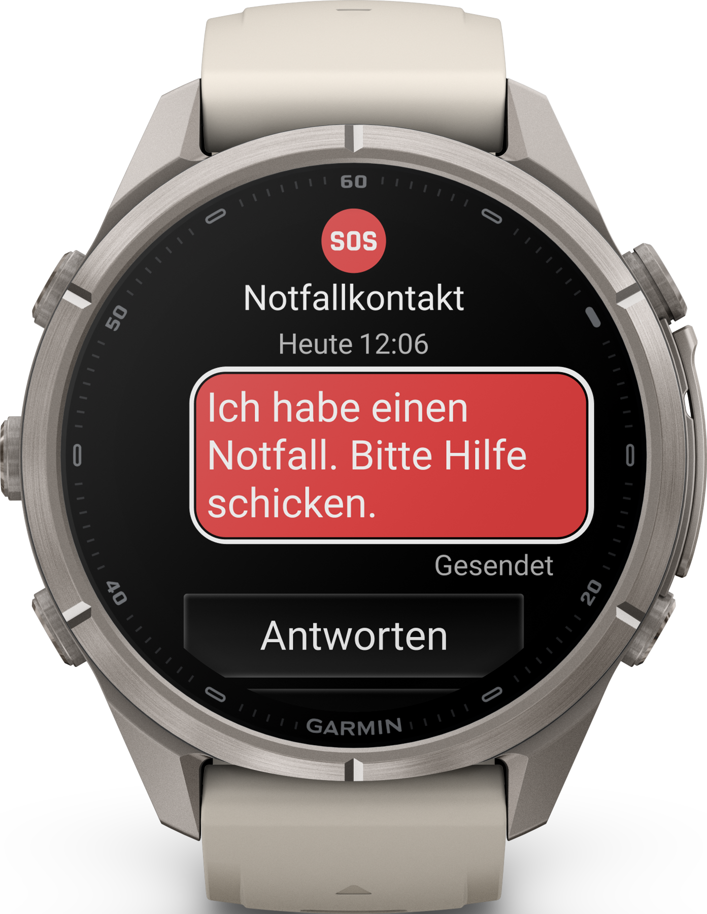 Eine Smartwatch zeigt eine SOS-Notfallnachricht auf Deutsch mit einem rotem Benachrichtigungsfeld.