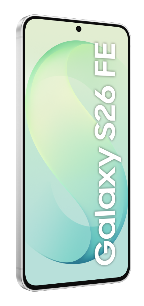 Smartfon z jasnym tłem i dużym napisem Galaxy S26 FE.