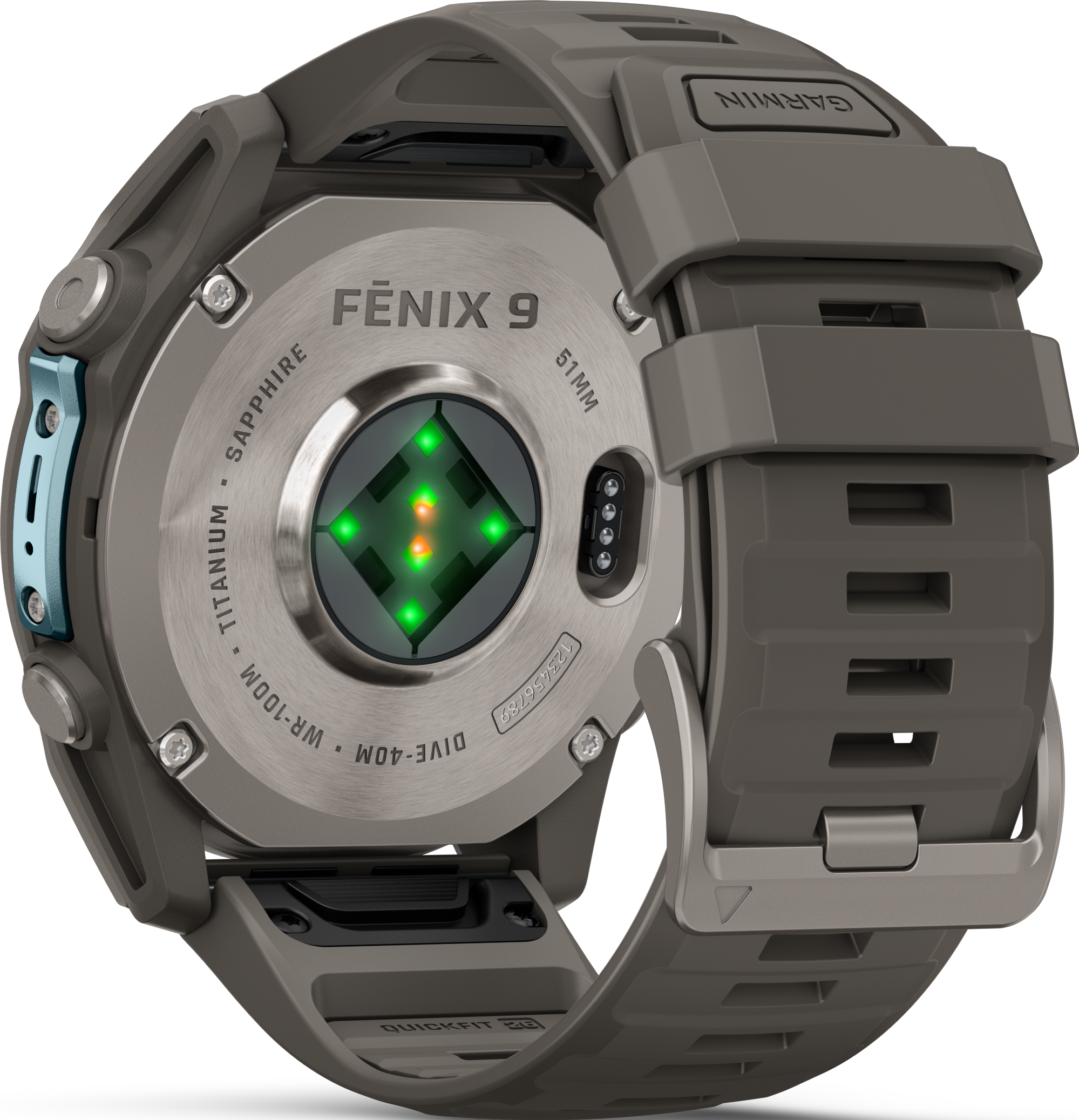 Rückseite einer Garmin Fenix 9 Smartwatch mit Titangehäuse, Sensoren und grauem Silikonarmband.