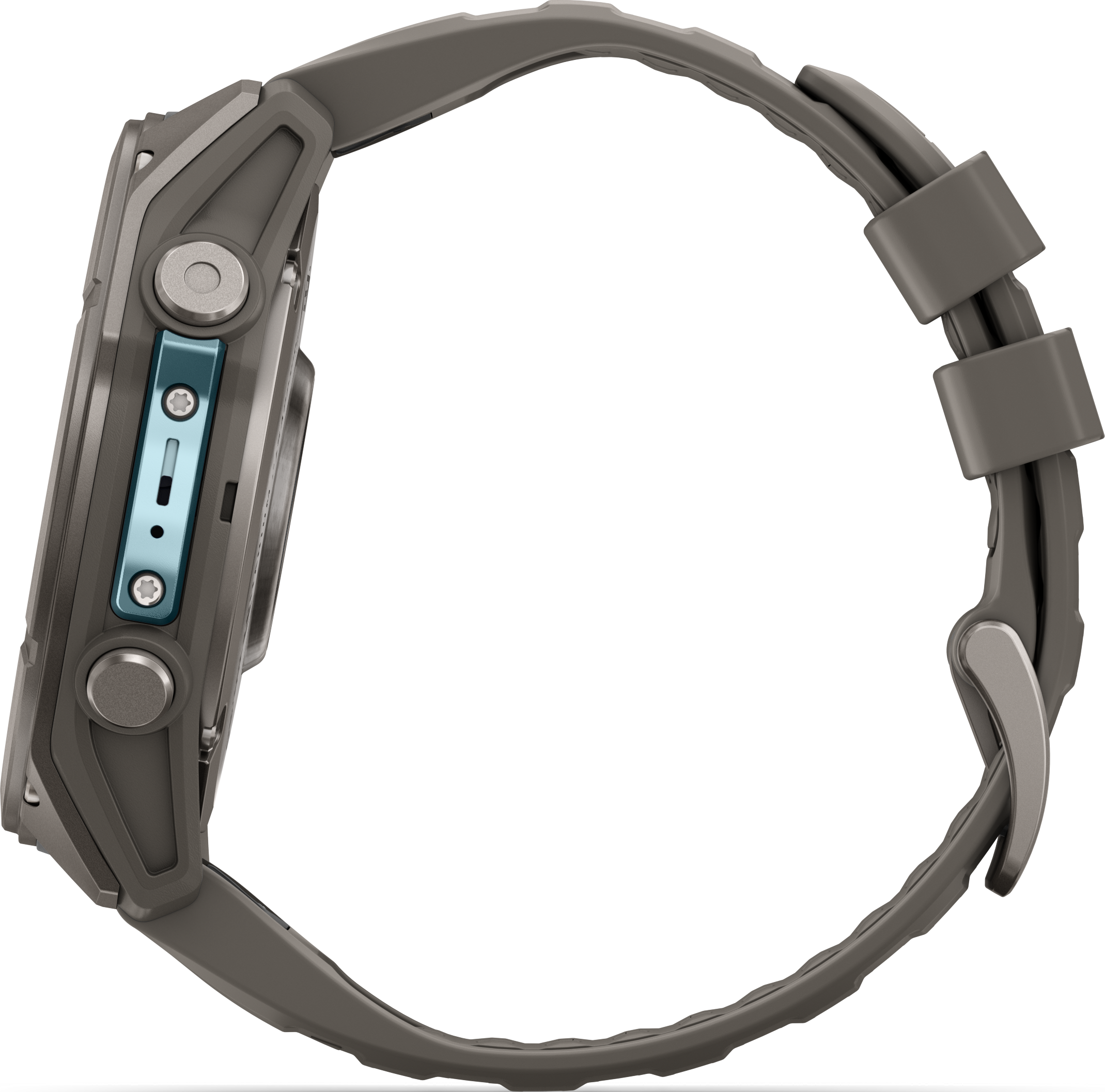 Seitenansicht einer grauen Sportuhr mit blauem Metalldetail und Gummiband vor schwarzem Hintergrund.