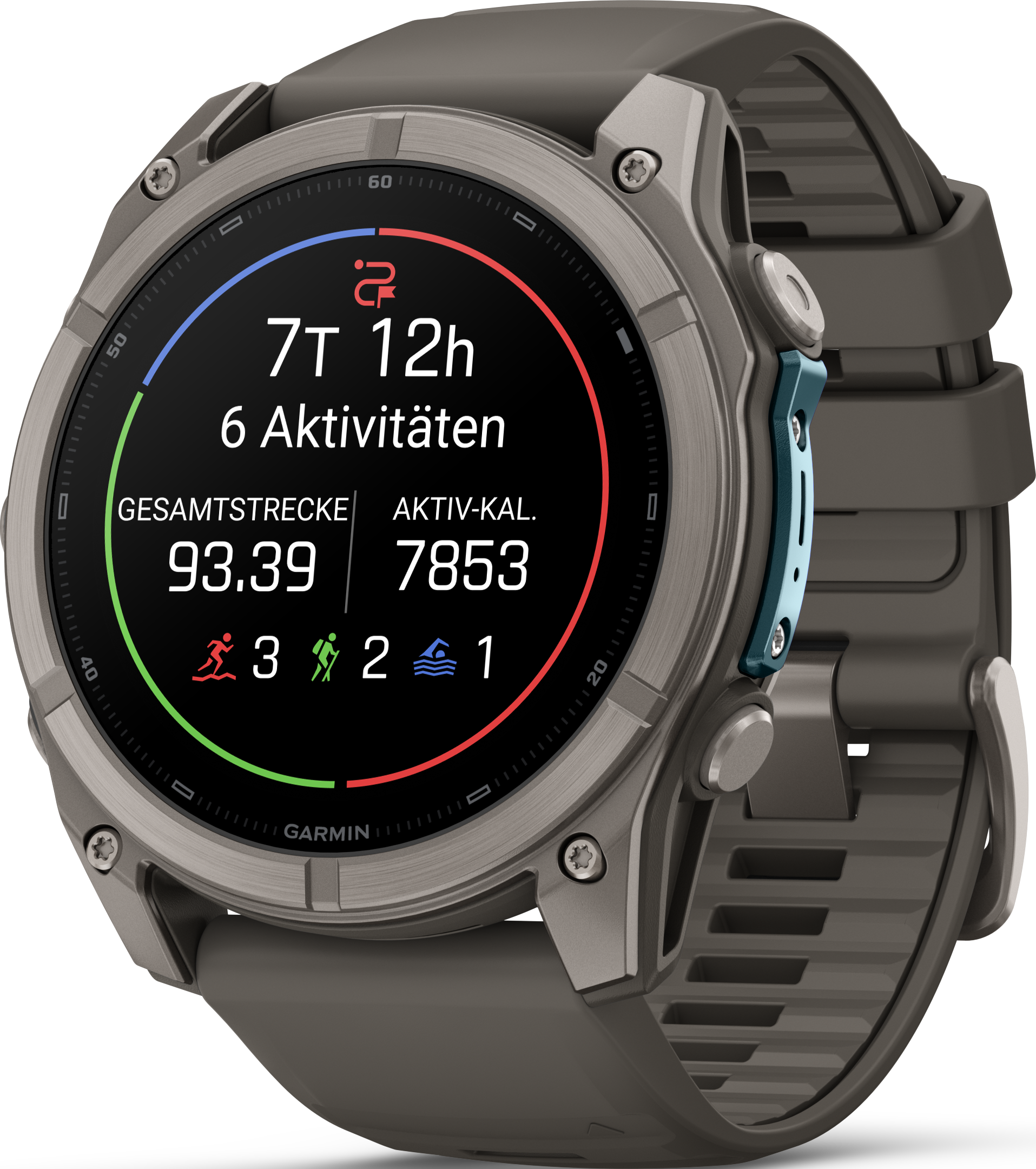 Eine graue Garmin-Sportuhr mit digitalem Display zeigt Aktivitätsdaten, Uhrzeit und Statistiken auf schwarzem Hintergrund.