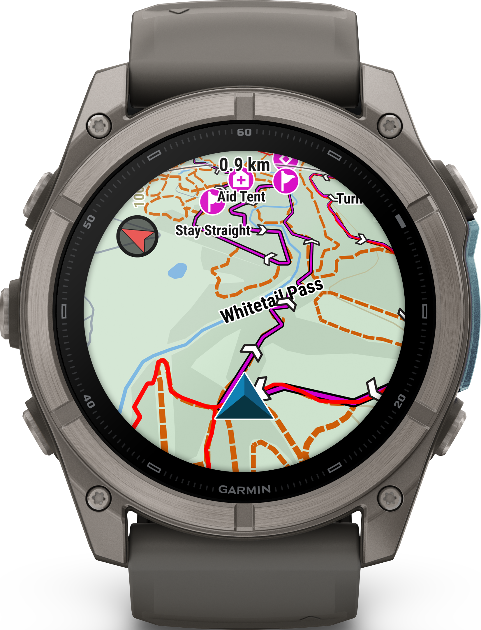 Eine graue Garmin-Sportuhr mit einer farbigen Wanderkarte, Navigationspfeilen und Wegpunkten auf dem runden Display.