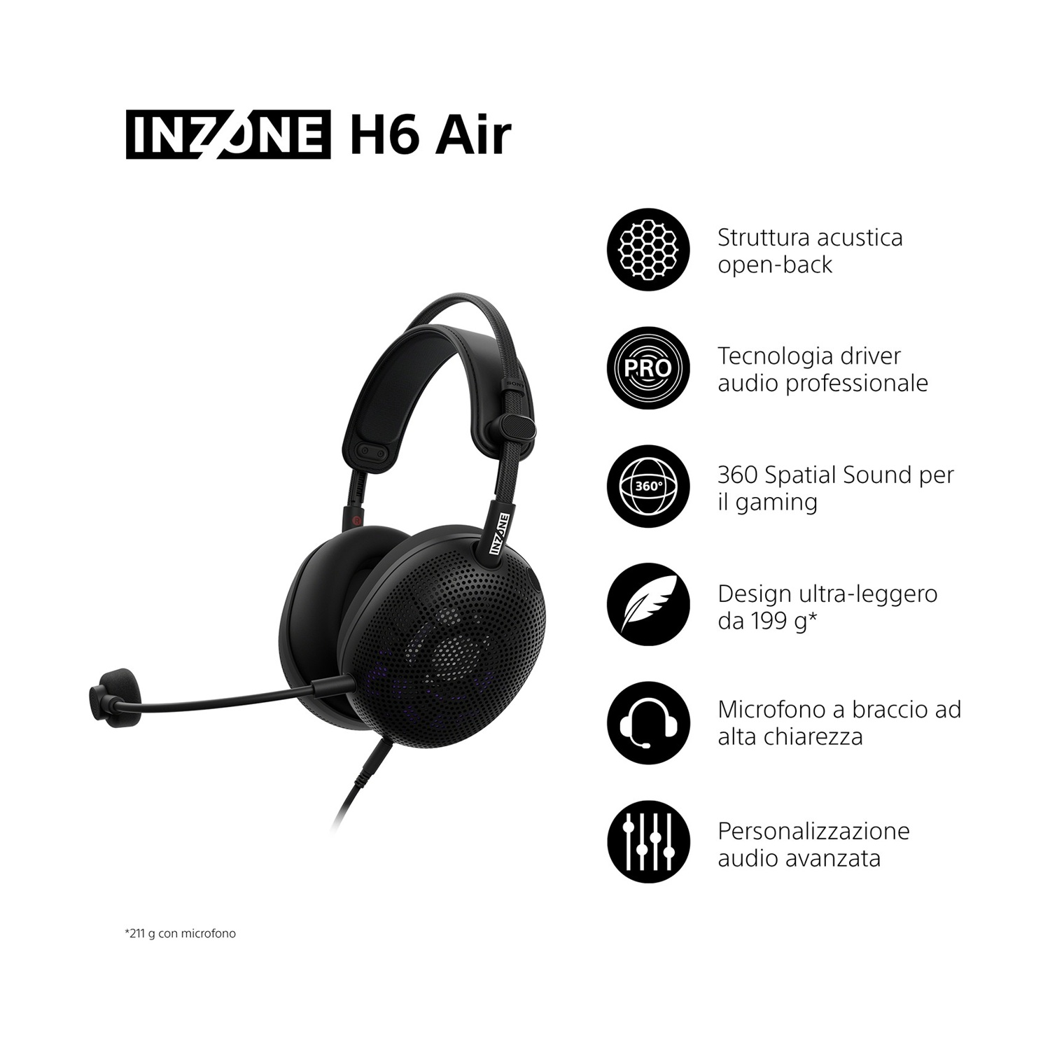 Cuffie da gaming nere Inzone H6 Air con microfono e elenco delle caratteristiche.