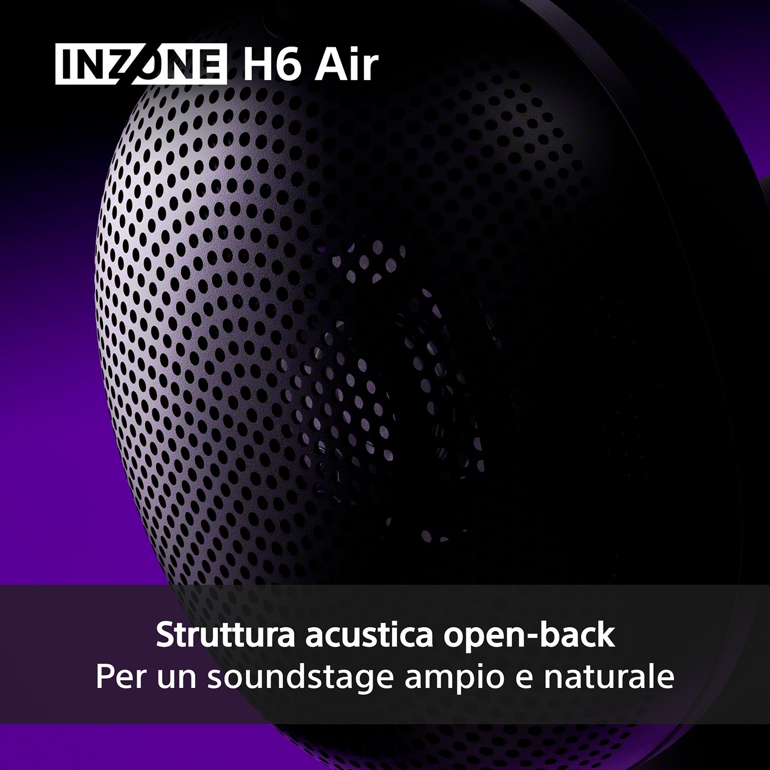 Cuffie nere Inzone H6 Air con design a griglia aperta su sfondo viola.
