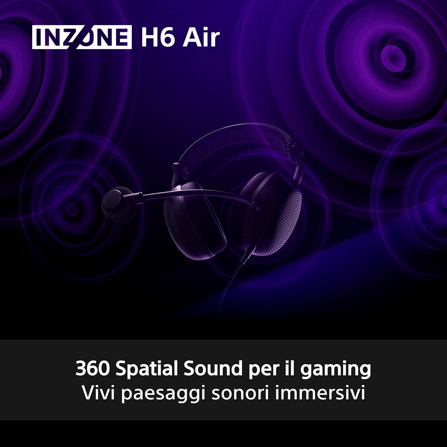 Cuffie da gioco INZONE H6 Air su sfondo viola con onde sonore circolari.