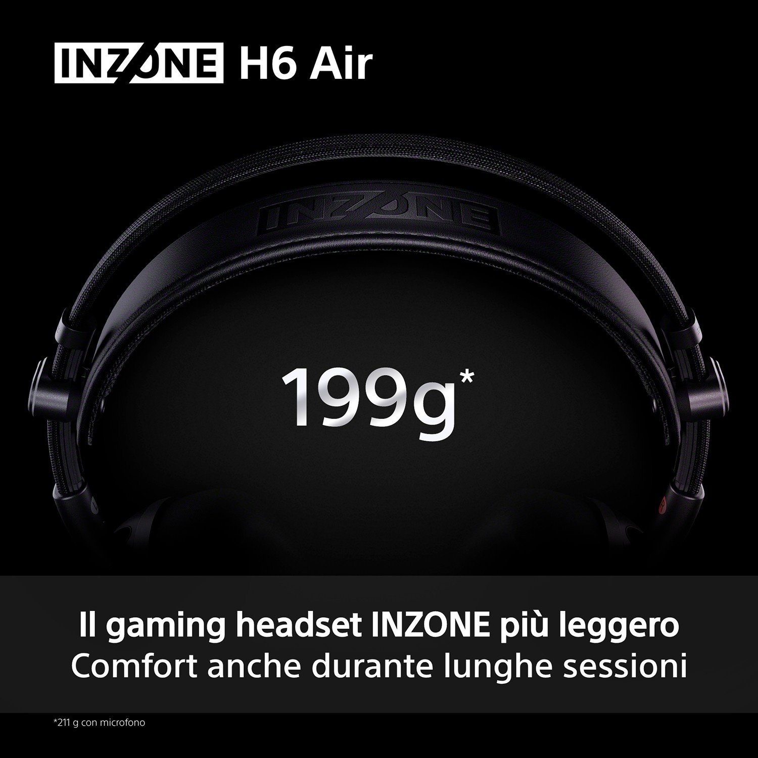 Cuffie da gaming INZONE H6 Air da 199g per un comfort duraturo.