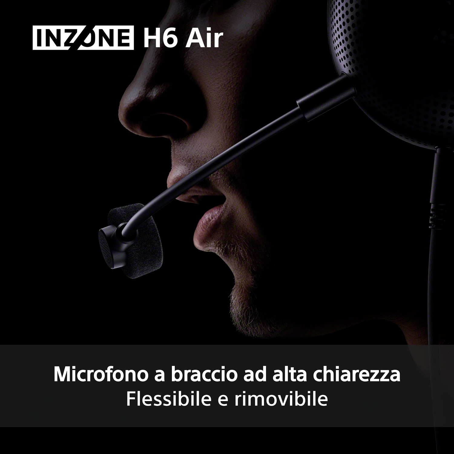 Profilo di una persona con cuffie Inzone H6 Air e microfono ad archetto flessibile.
