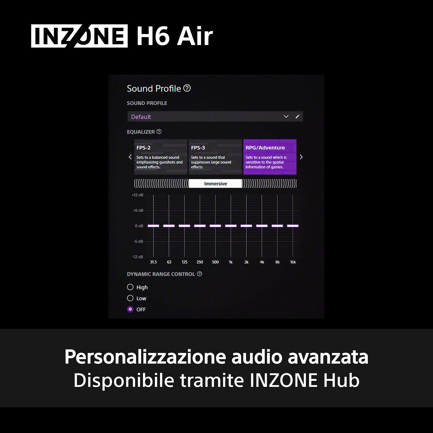 Screenshot del software Inzone Hub con opzioni di personalizzazione audio avanzate.
