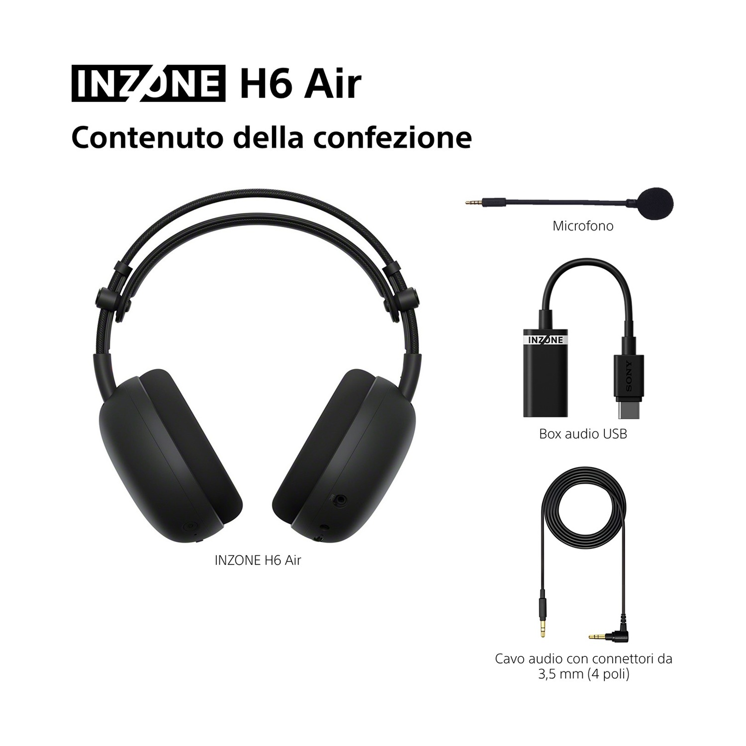 Cuffie INZONE H6 Air con microfono, box audio USB e cavo audio da 3,5 mm.