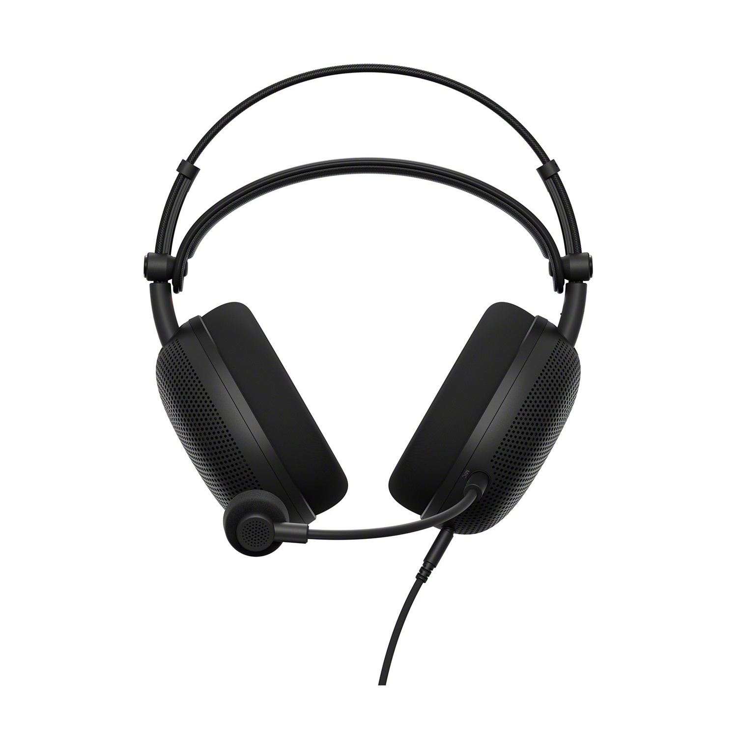 Cuffie da gioco nere con padiglioni auricolari imbottiti, archetto e microfono collegato.