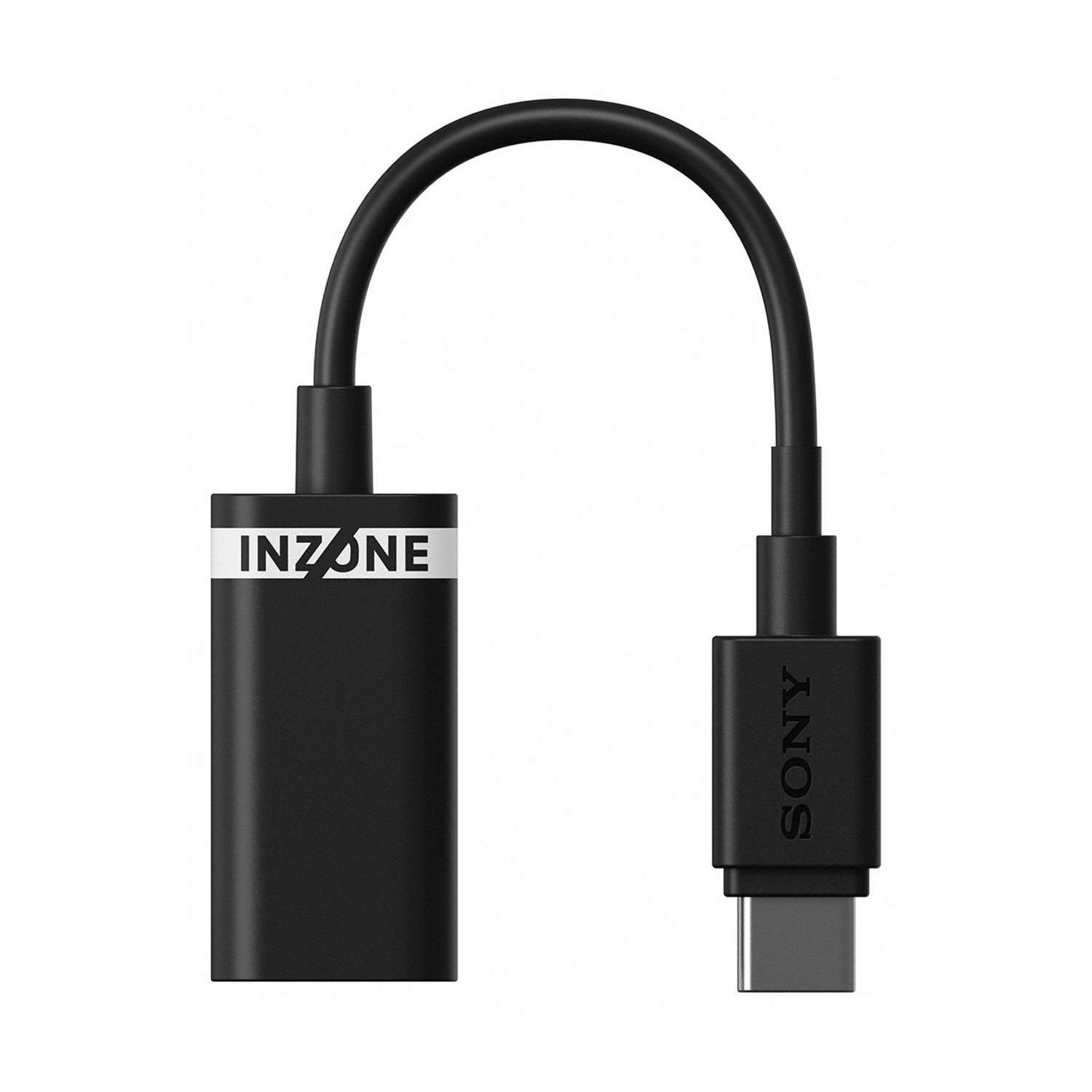 Un cavo adattatore USB-C nero INZONE con marchio su sfondo bianco.
