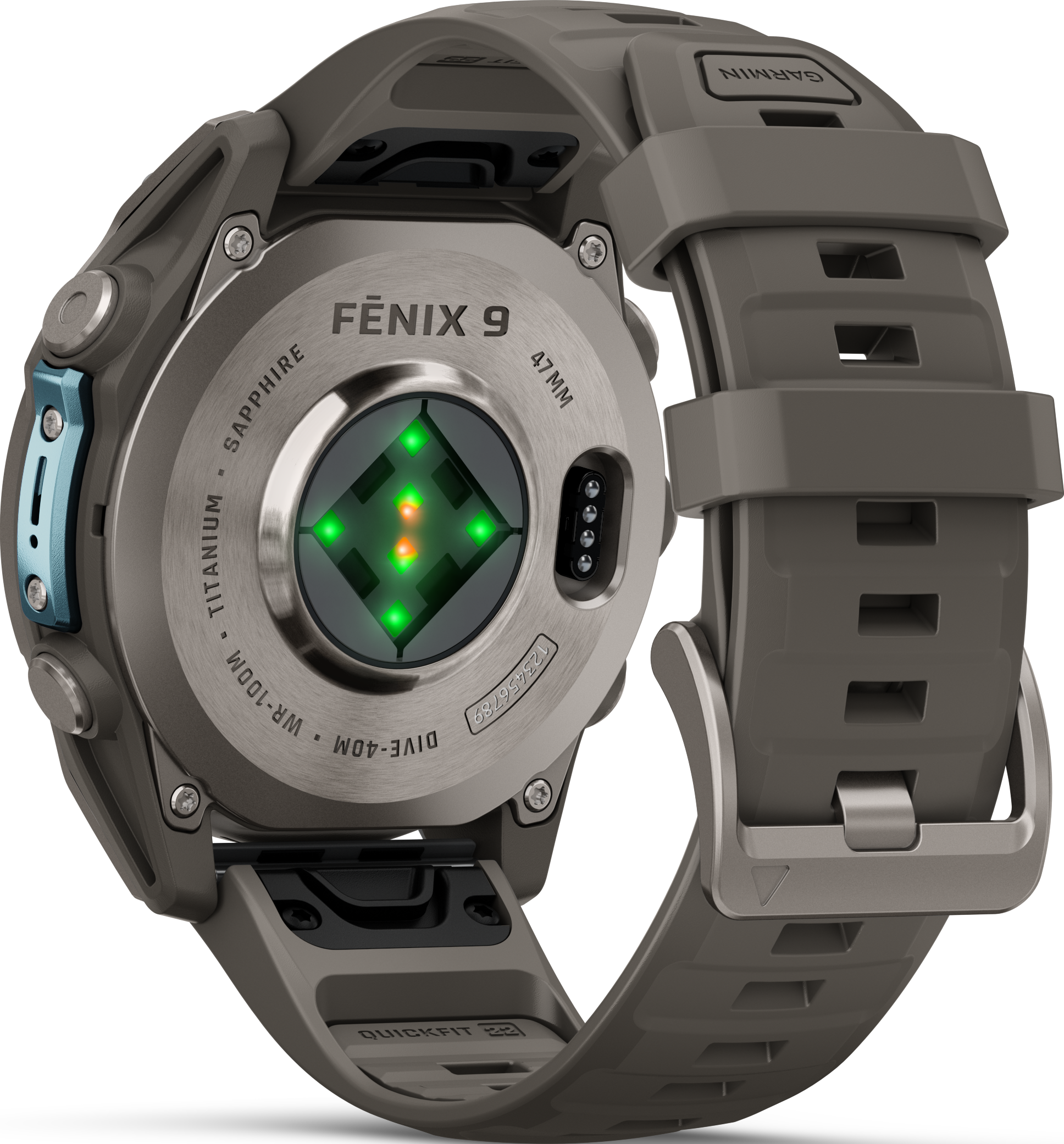Rückseite einer Garmin Fenix 9 Smartwatch mit Sensoren und grauem Band auf schwarzem Hintergrund.