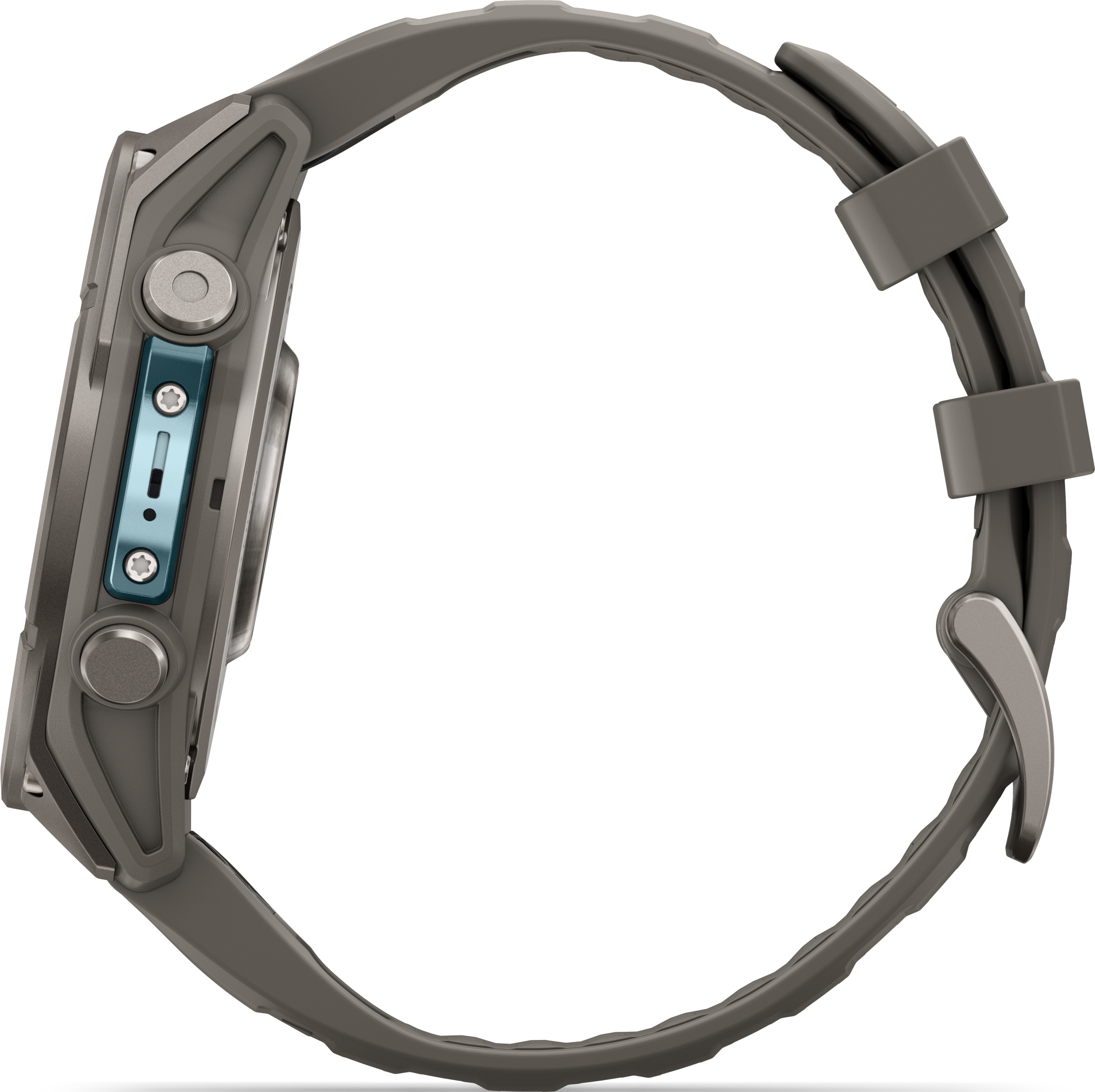 Seitenansicht einer grauen Sportuhr mit blauem Akzent und Silikonarmband vor schwarzem Hintergrund.