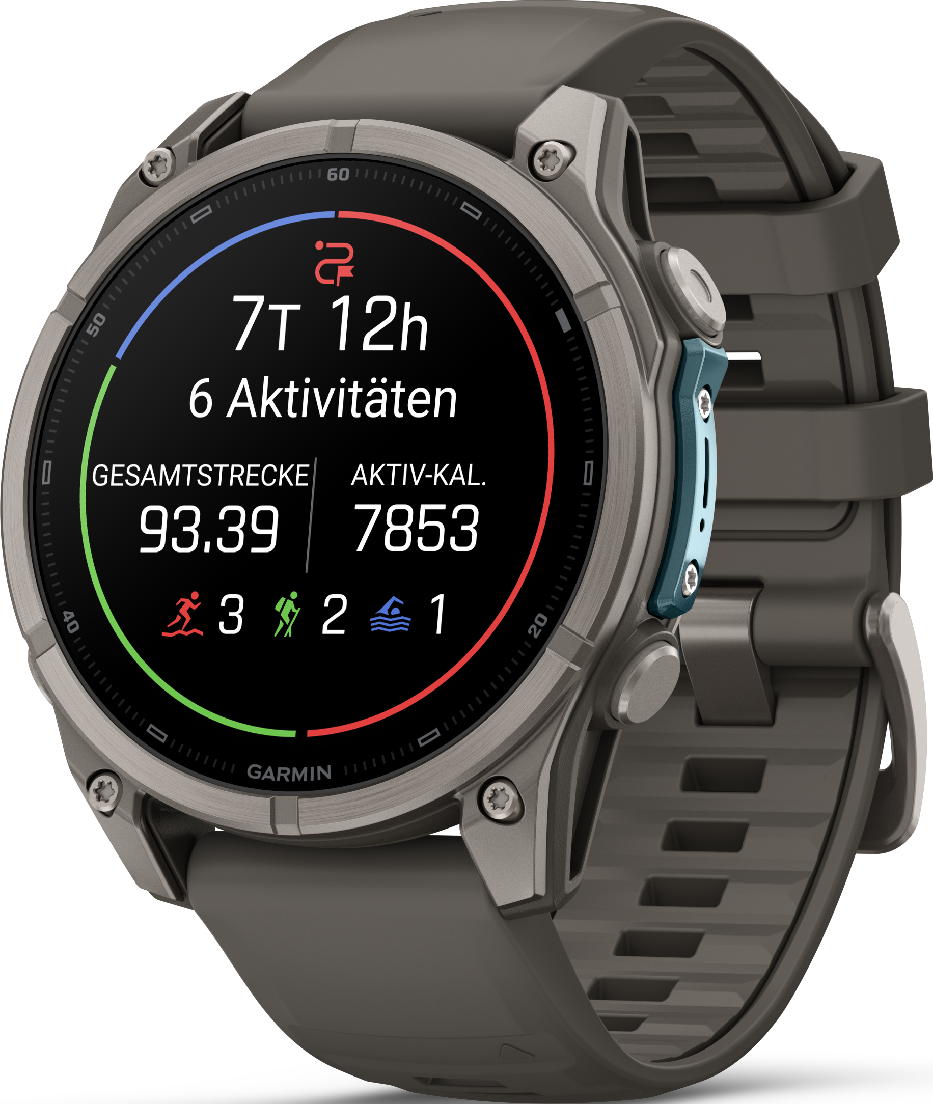 Graue Garmin-Sportuhr mit digitalem Zifferblatt, das Aktivitäten und Statistiken anzeigt, auf schwarzem Hintergrund.