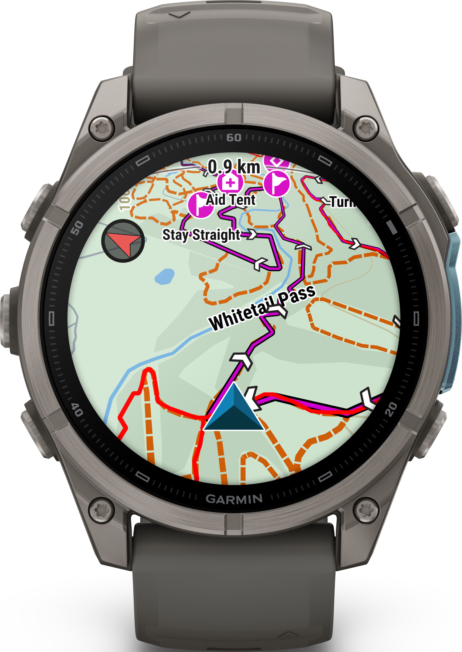 Eine Smartwatch zeigt eine detaillierte topografische Wanderkarte mit Wegen und Richtungsanweisungen.