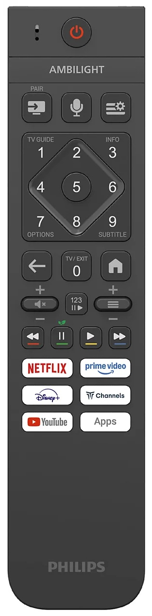 Czarny pilot Philips Ambilight z przyciskami numerycznymi, kierunkowymi i do aplikacji.