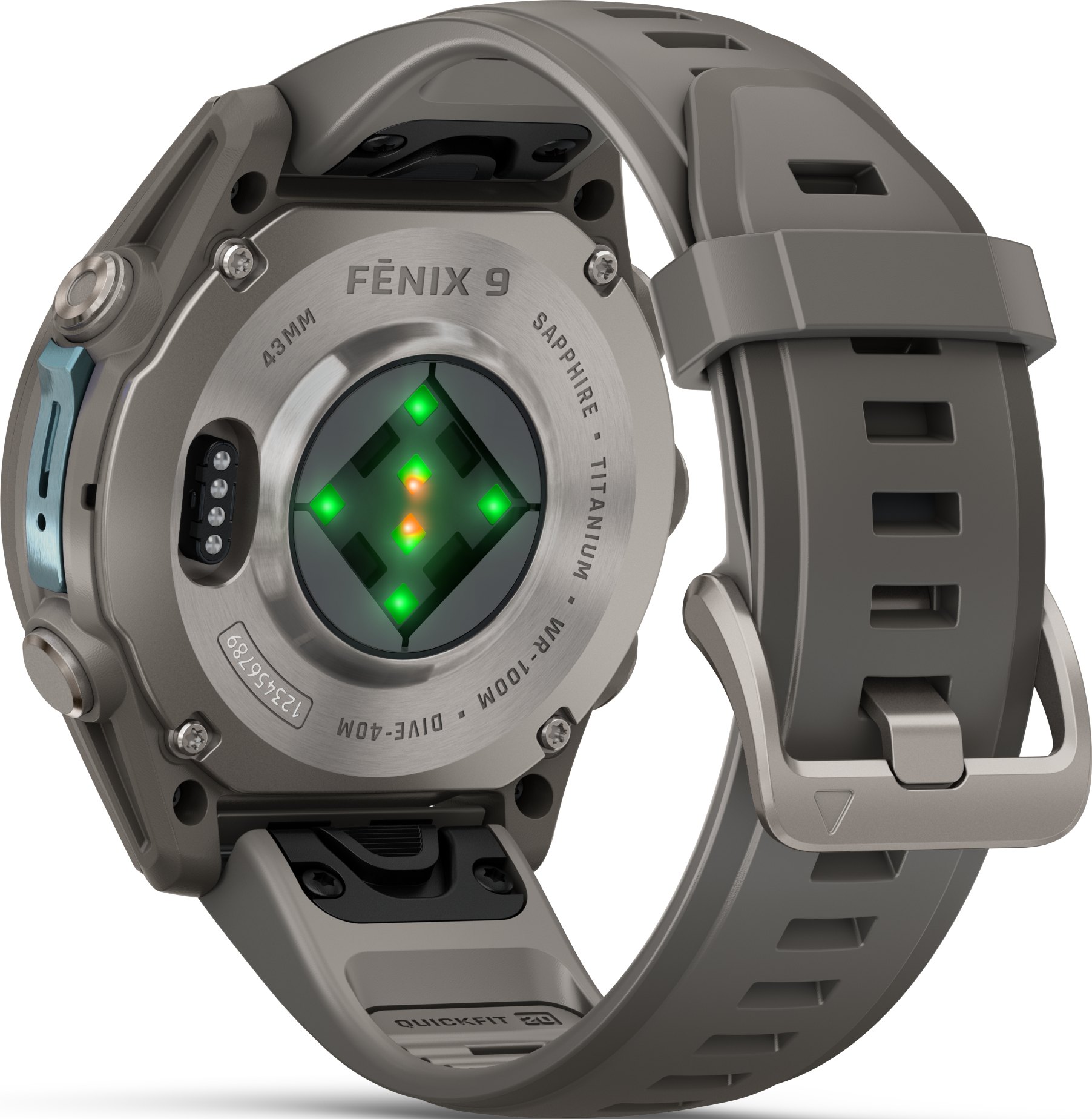 Rückseite einer Fenix 9 Smartwatch mit Sensoren und grauem Band vor schwarzem Hintergrund.